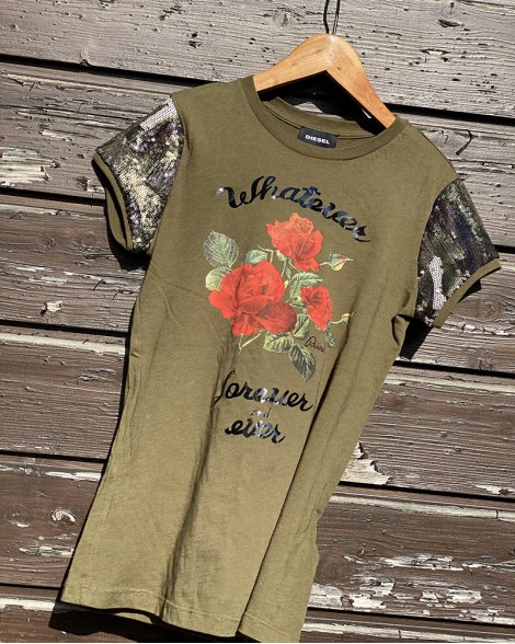 Triko dětské Diesel khaki s růží